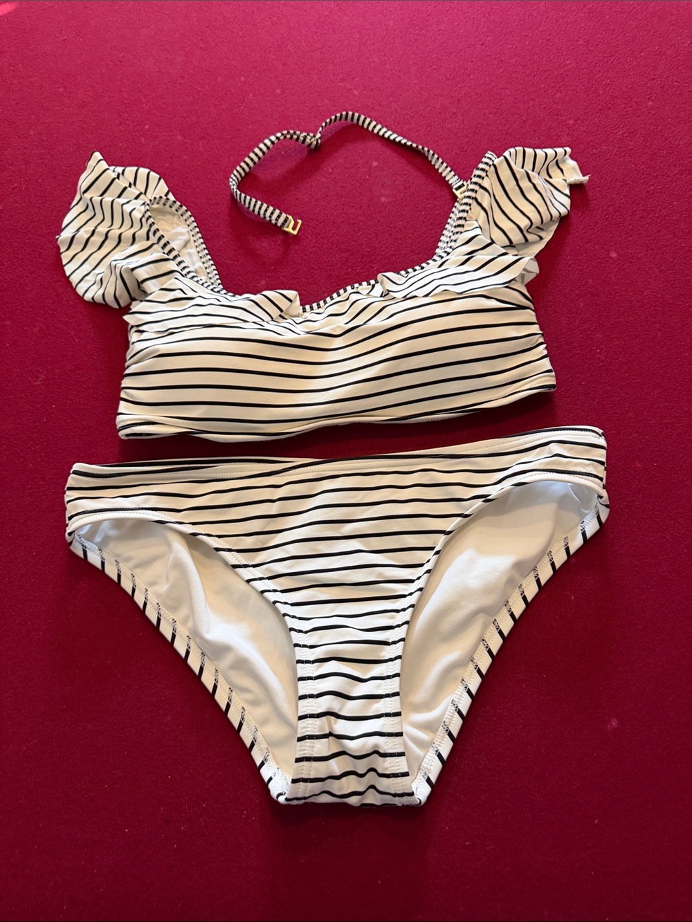 Vince Camuto White & Black Striped Ruffle Bikini Set